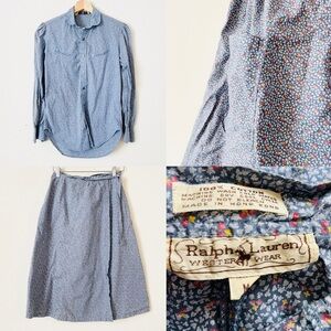 Vintage Ralph Lauren ‘70s MEDIUM Western Wear Women’s shirt and skirt set blue